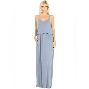 NWT Zenana Women’s Cami Long Maxi Dress With Side Pockets Sz Medium, Cement Blue